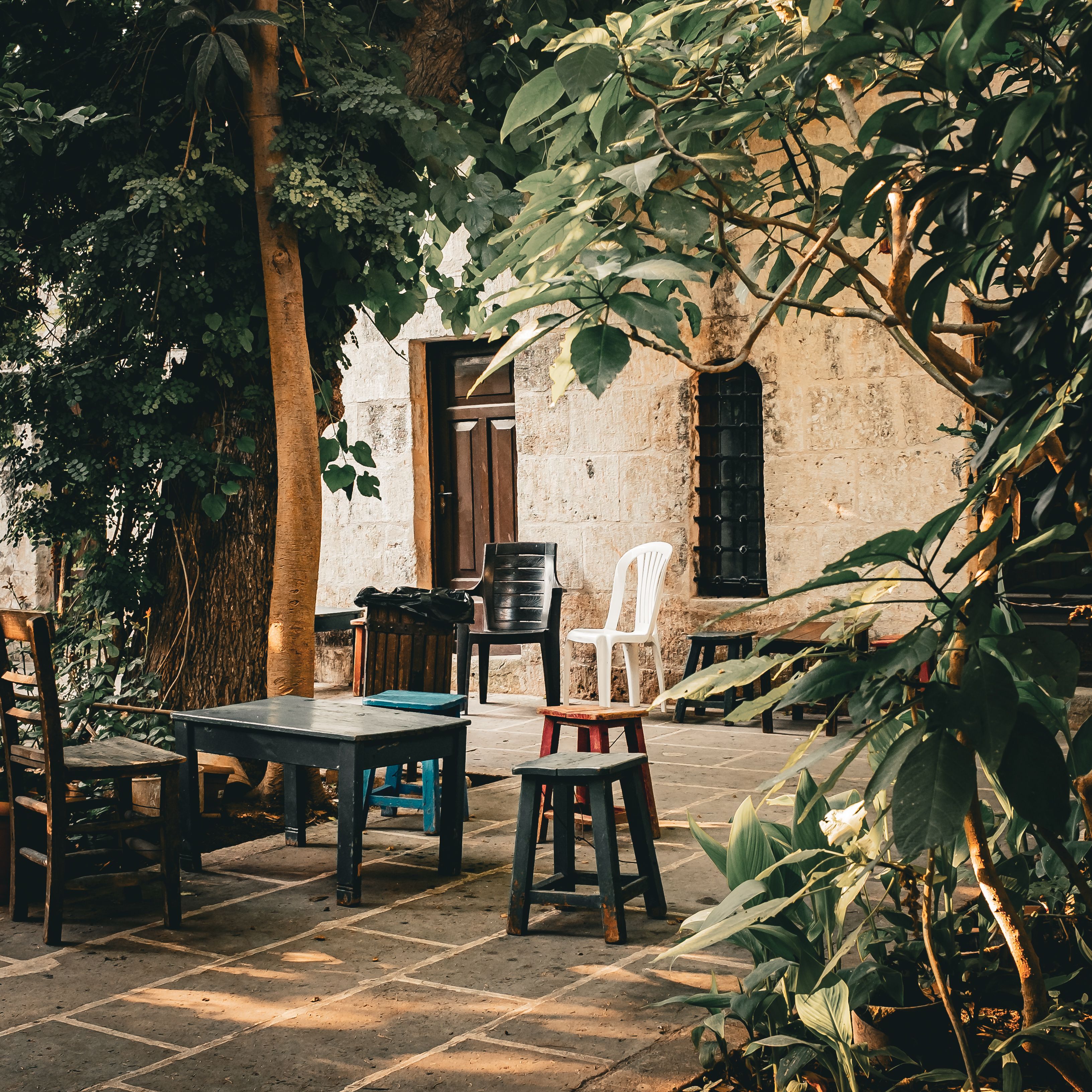 A charming outdoor patio with mixed seating under lush greenery, exuding a peaceful atmosphere.