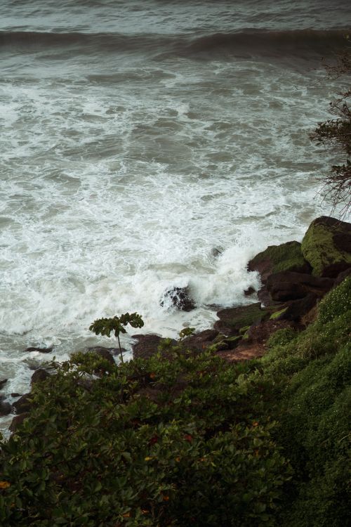 Free Aerial view of waves crashing on a rocky shoreline surrounded by lush greenery. Stock Photo