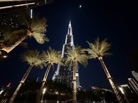 Affascinante skyline notturno con il Burj Khalifa illuminato incorniciato dalle palme di Dubai.