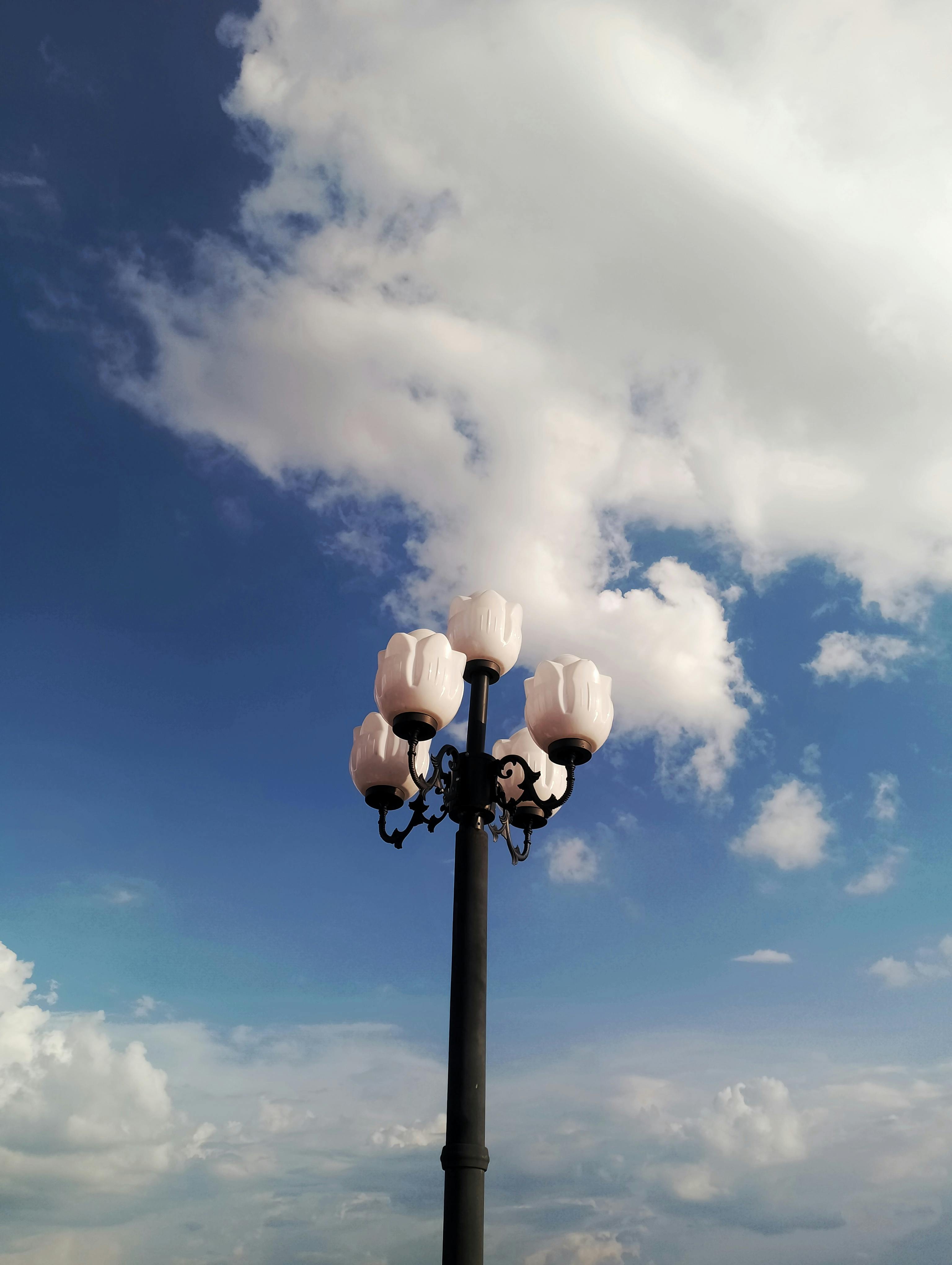 免費 帶有花卉圖案的華麗路燈與白雲飄浮的晴朗藍天相映成趣。 圖庫相片