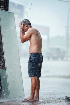 A man cools off under a heavy rain shower on a street in Hà Nội, Việt Nam, capturing a refreshing, candid moment.