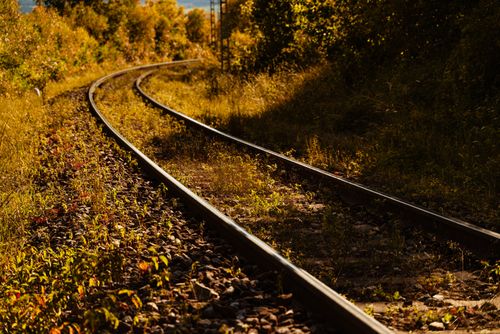 Free Rustic railroad curved through an autumn forest in Slovakia, bathed in golden light. Stock Photo