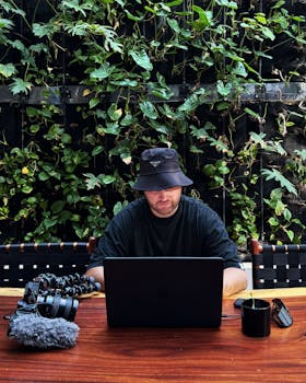 Man with laptop in outdoor café, surrounded by plants, embodying remote work lifestyle in Mexico.