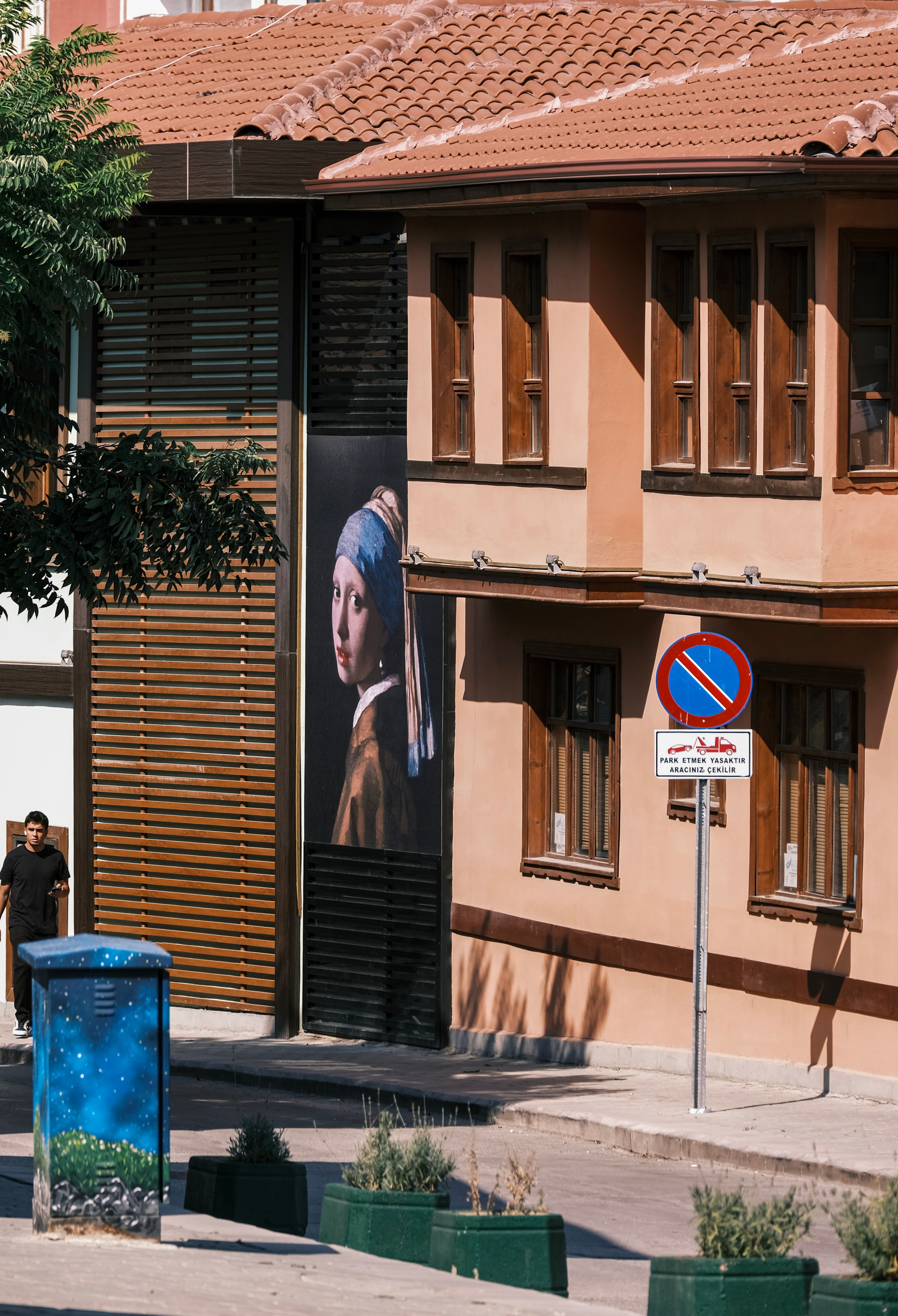 An urban street scene featuring a mural of 'Girl with a Pearl Earring' next to modern architecture.