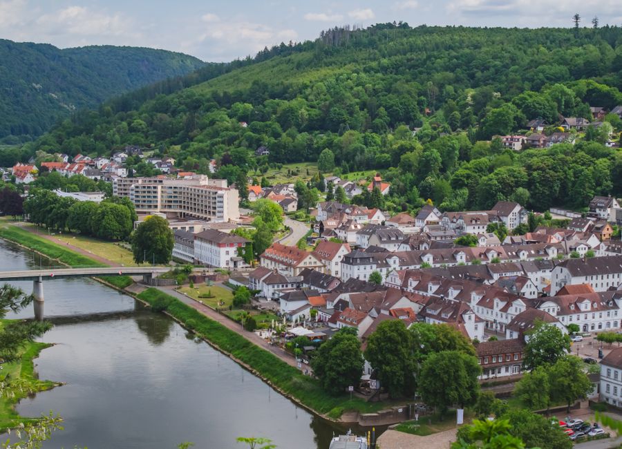 A scenic aerial view of Bad Ems town along the picturesque Lahn River in Germany.