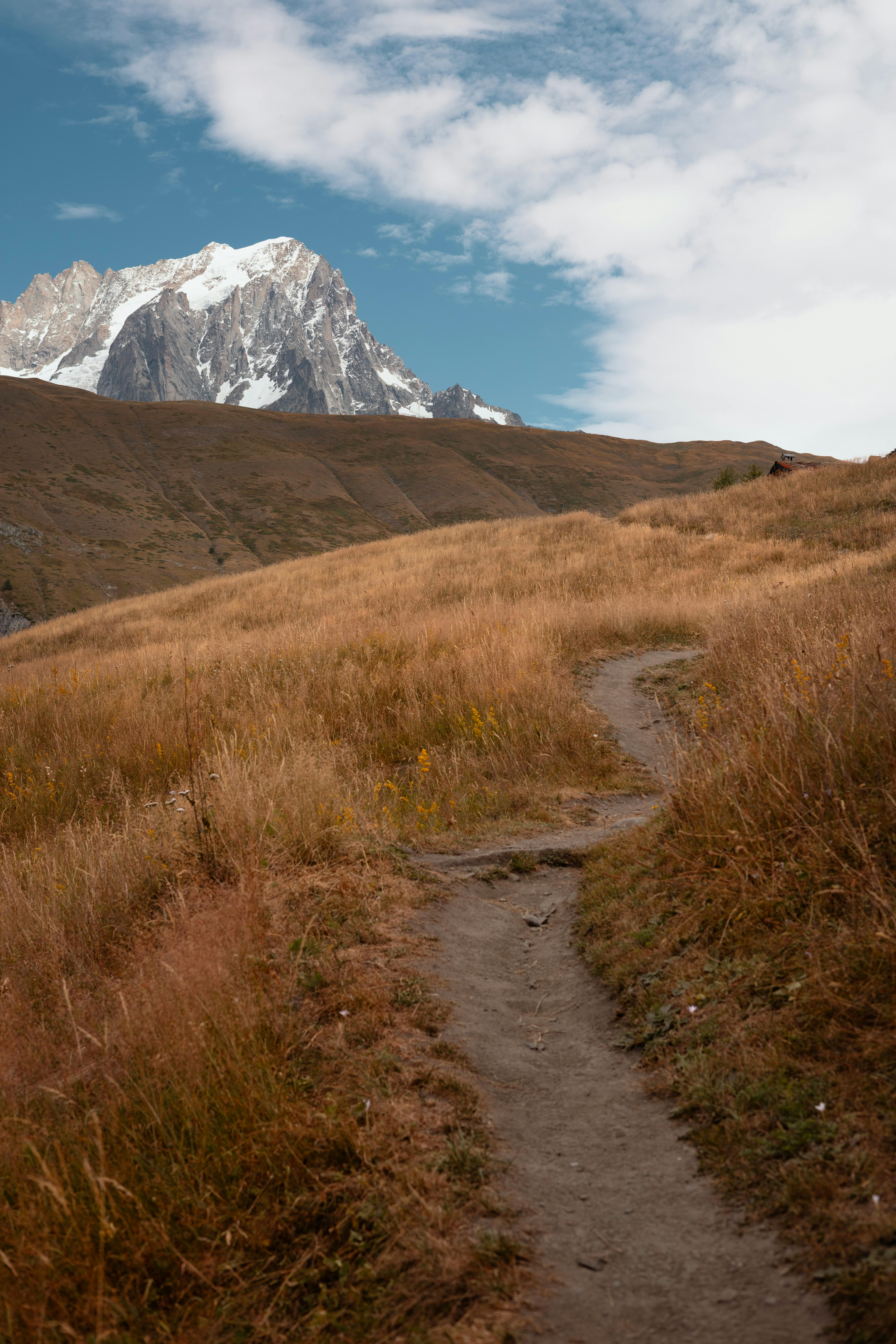 Explore the picturesque trail leading to snow-capped mountains in Valle d'Aosta, Italy.