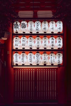 Illuminated Japanese paper lanterns at a shrine in Kyoto, Japan, glowing against red background.