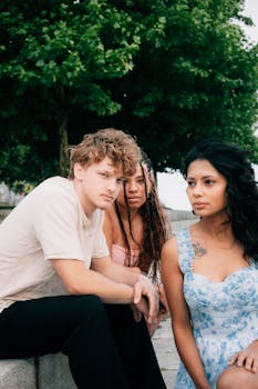 Three young adults sitting outdoors under a tree, enjoying a warm summer day. Casual and relaxed atmosphere.