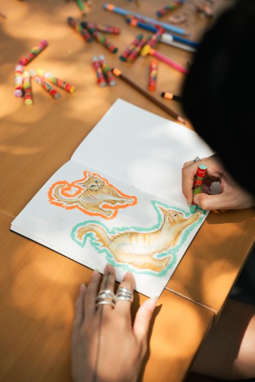 Free A person drawing vibrant animals with crayons in a sketchbook on a sunny day. Stock Photo
