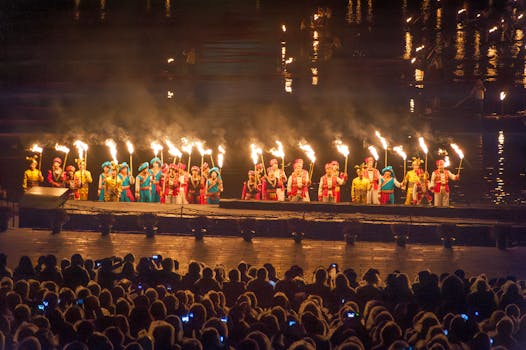Traditional torch-bearing ceremony in Guilin, China, showcasing local cultural performance at night.