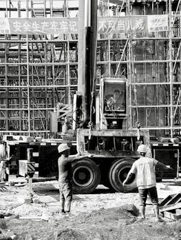 Black and white image of workers and crane at Shanghai construction site, showcasing teamwork and machinery.