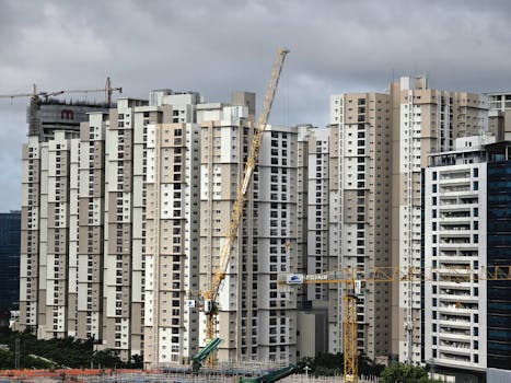 Dynamic construction scene with cranes and high-rise buildings under a cloudy sky.