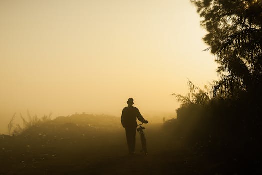 A person with a bicycle walking along a misty path at sunrise, shrouded in fog.