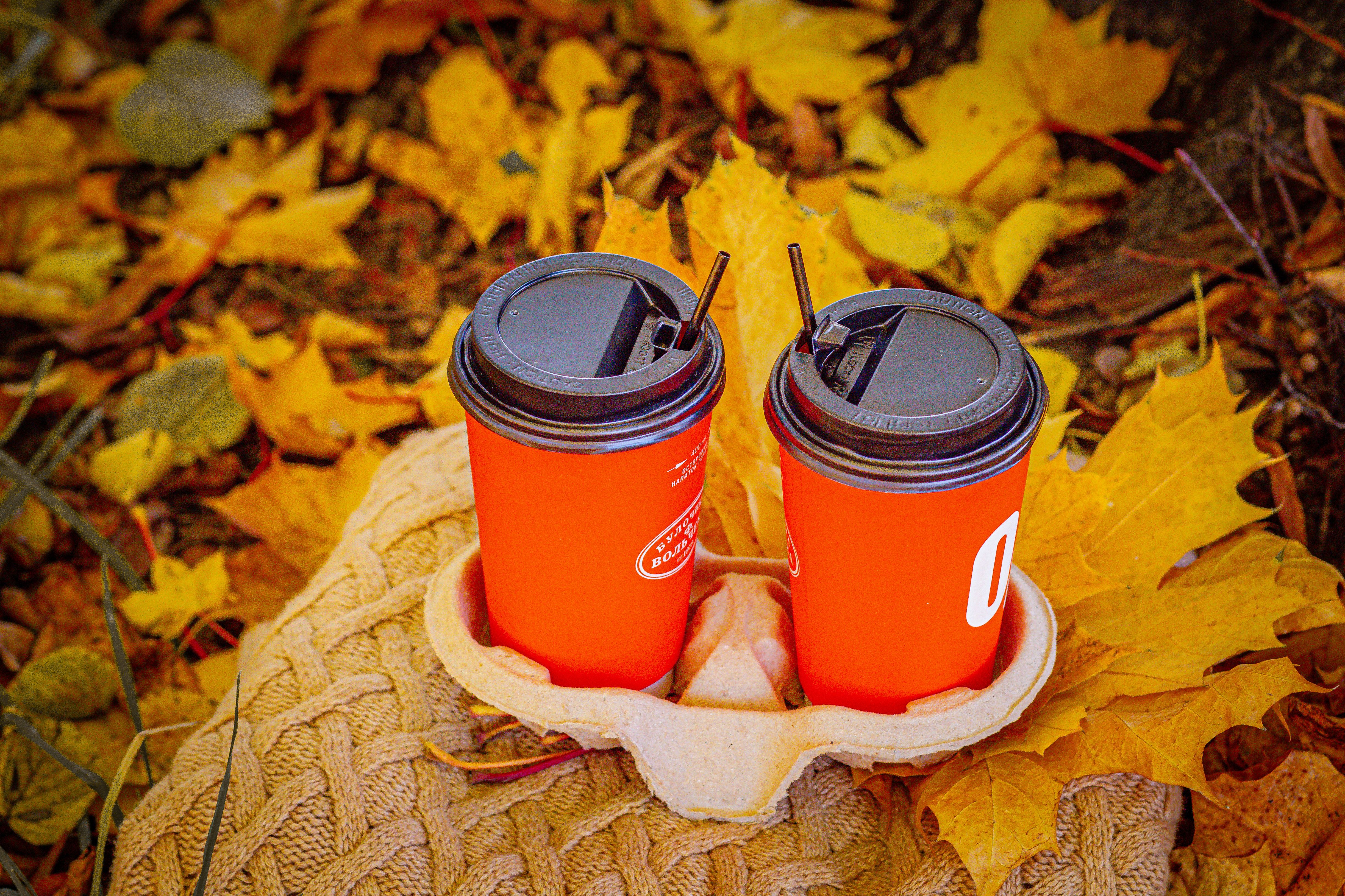 Koffiehoek met warme kleuren en herfstbladeren.