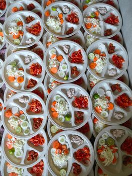 Top view of vibrant vegetable platters with fresh salads, perfect for a healthy diet.