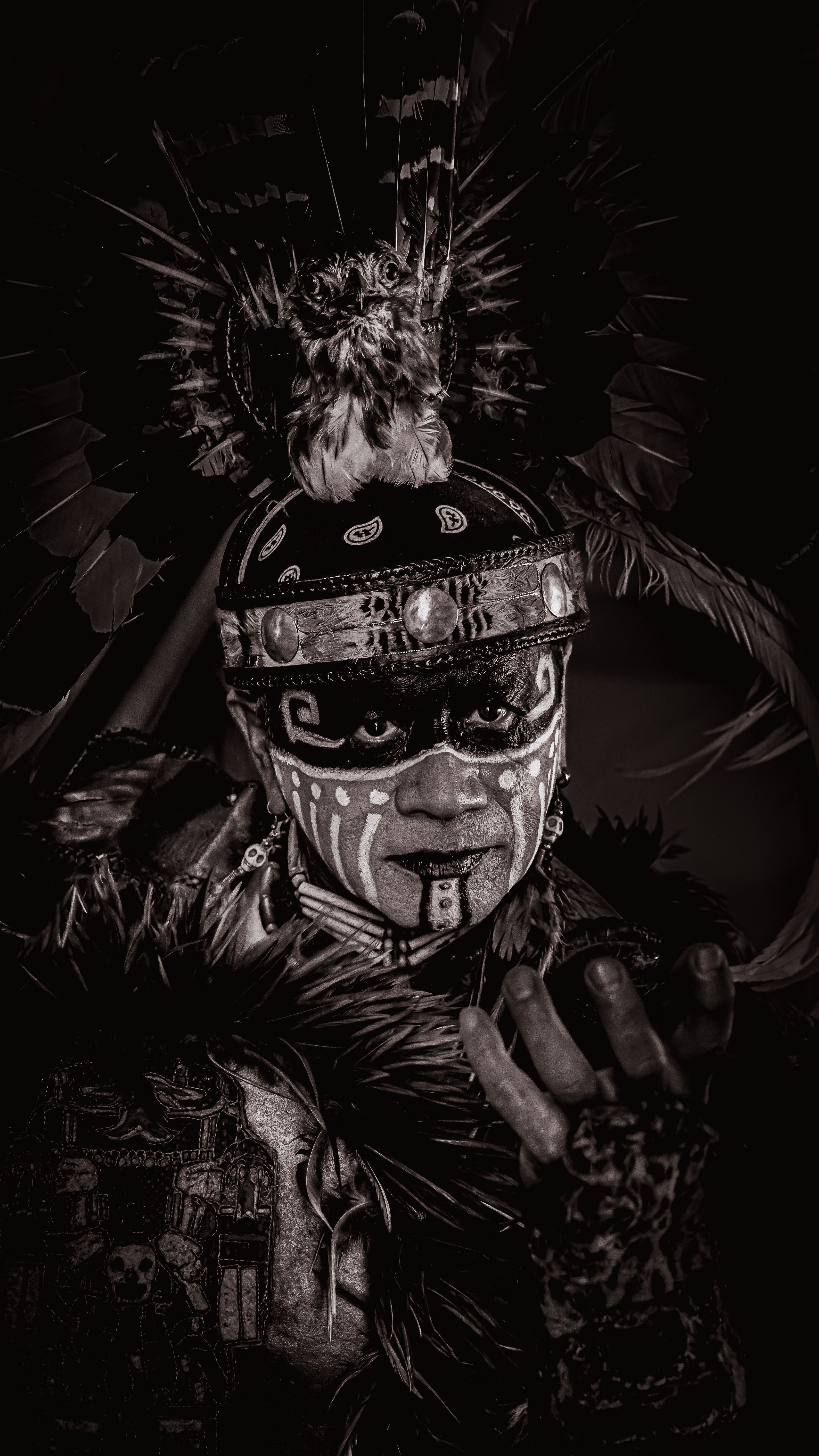 Captivating black and white portrait of a Native American in traditional attire with face paint.