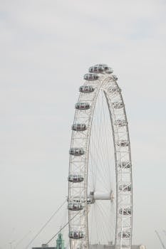 Iconic London Eye on a cloudy day in London, England. Capturing the grandeur and beauty of the famous Ferris wheel.