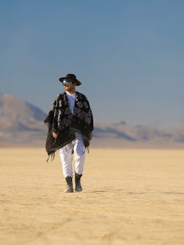A stylish adult walks through the desert in Ras Al Khaimah, UAE, wearing modern attire.
