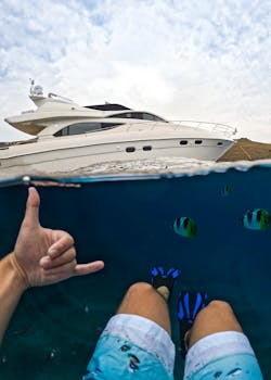 Unique perspective of snorkeling near a luxury yacht in clear waters with vibrant fish.