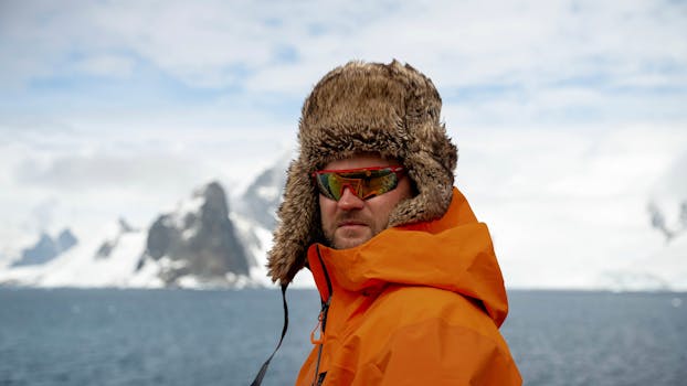 Man in orange parka and fur hat exploring Antarctica with icy mountains in the background.