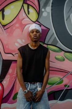 A fashionable young adult poses against vibrant street art in Johannesburg.