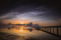 美丽的日落下，宁静的海洋和码头色彩鲜艳，倒影清晰