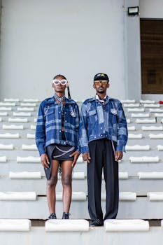 Two stylish individuals showcasing contemporary fashion on outdoor steps in Kaduna, Nigeria.