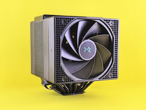 Close-up of a computer CPU cooler with a sleek black fan on a vibrant yellow background, emphasizing modern technology.