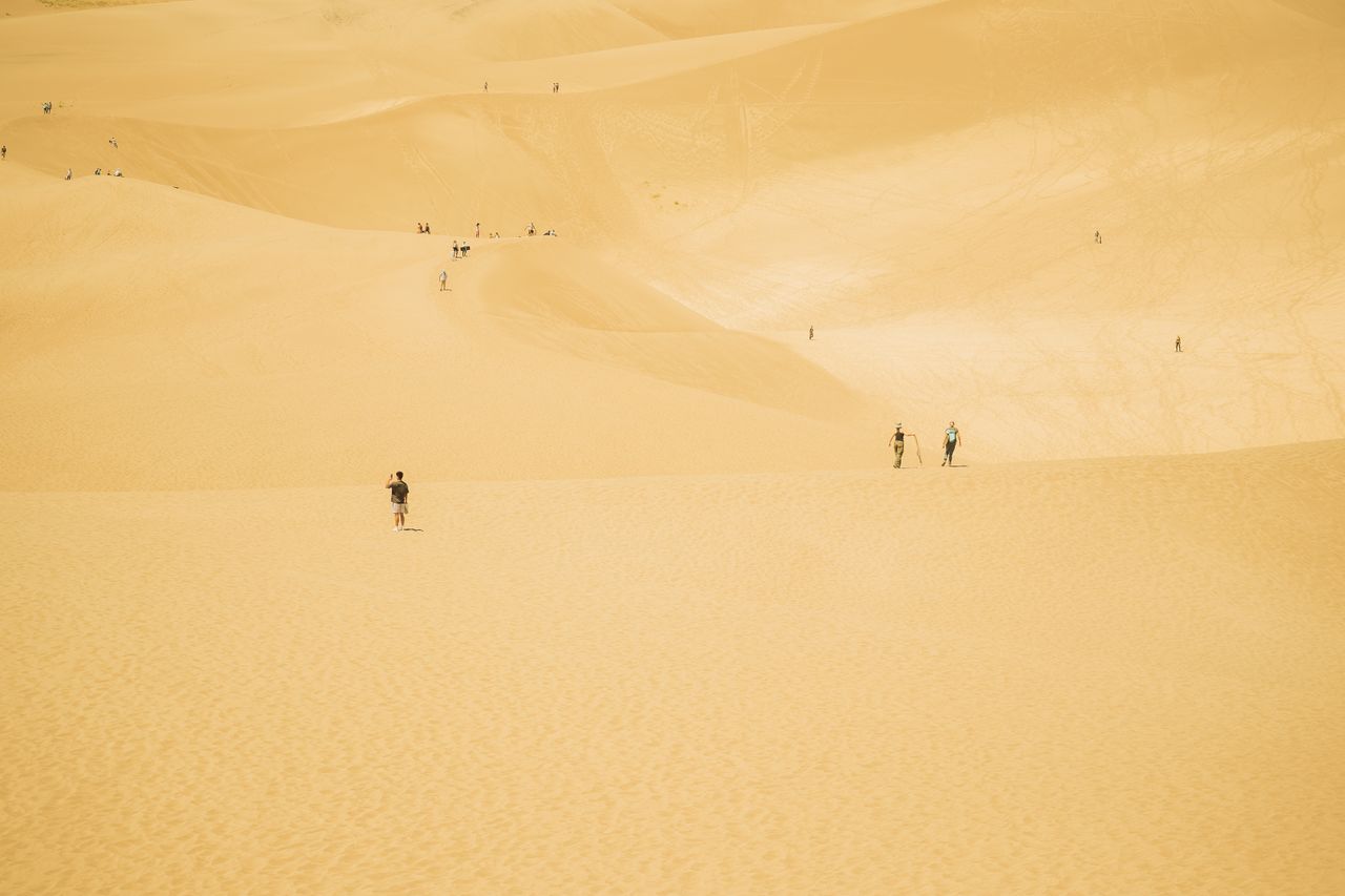 hikers explore the vast golden sand dunes under clear skies in colorad
