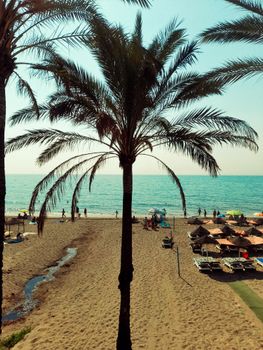 A vibrant beach scene with palm trees, sun loungers, and people enjoying a sunny day by the ocean.