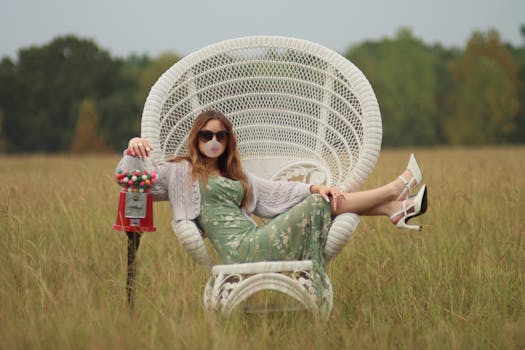 Stylish woman chewing gum, lounging on a wicker chair with a gumball machine outdoors.