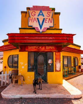 Vintage gas station with dogs at Ouarzazate, Morocco, iconic for film settings.