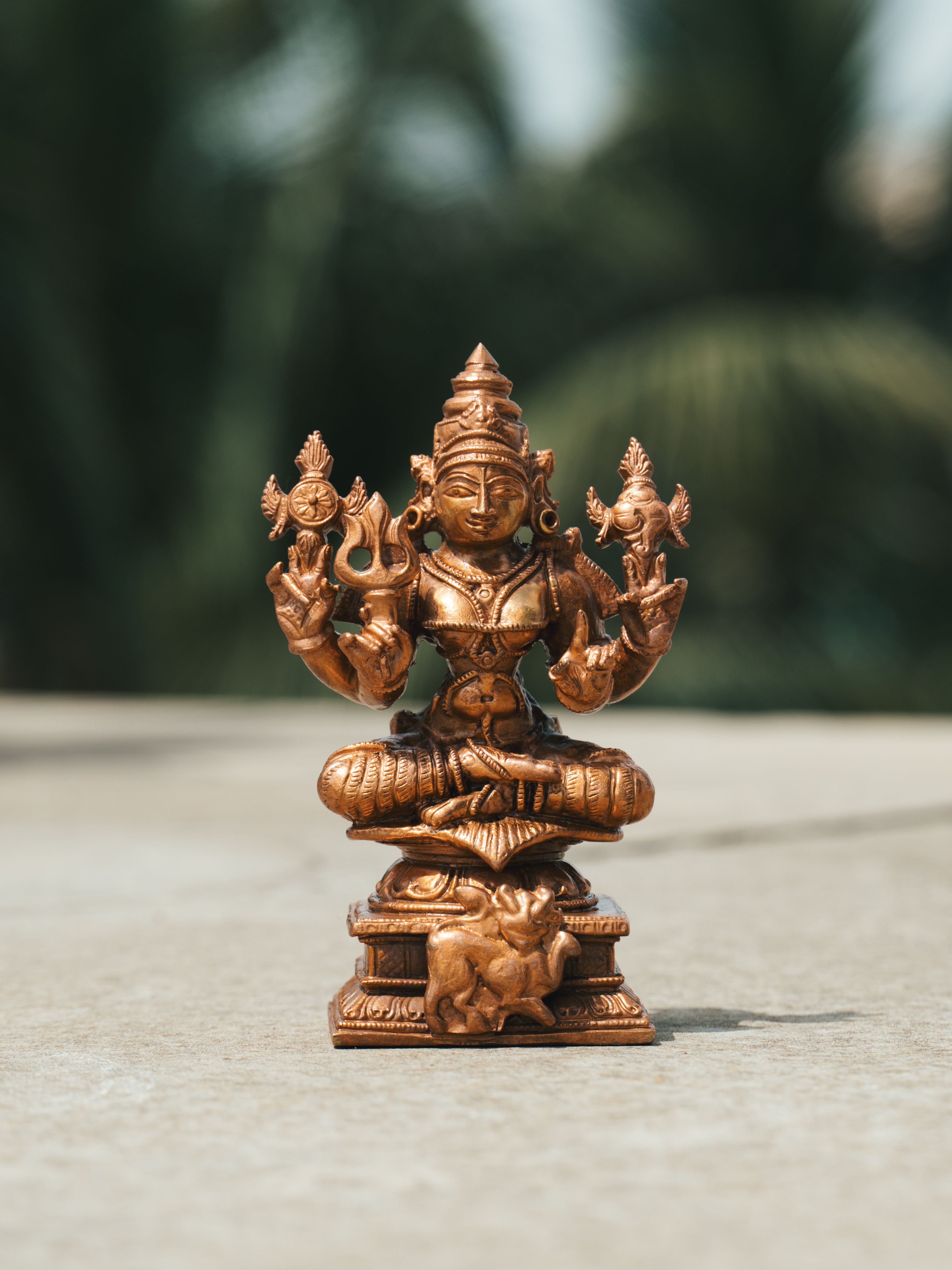 Close-up of a brass Hindu deity sculpture showcasing detailed craftsmanship in an outdoor setting.