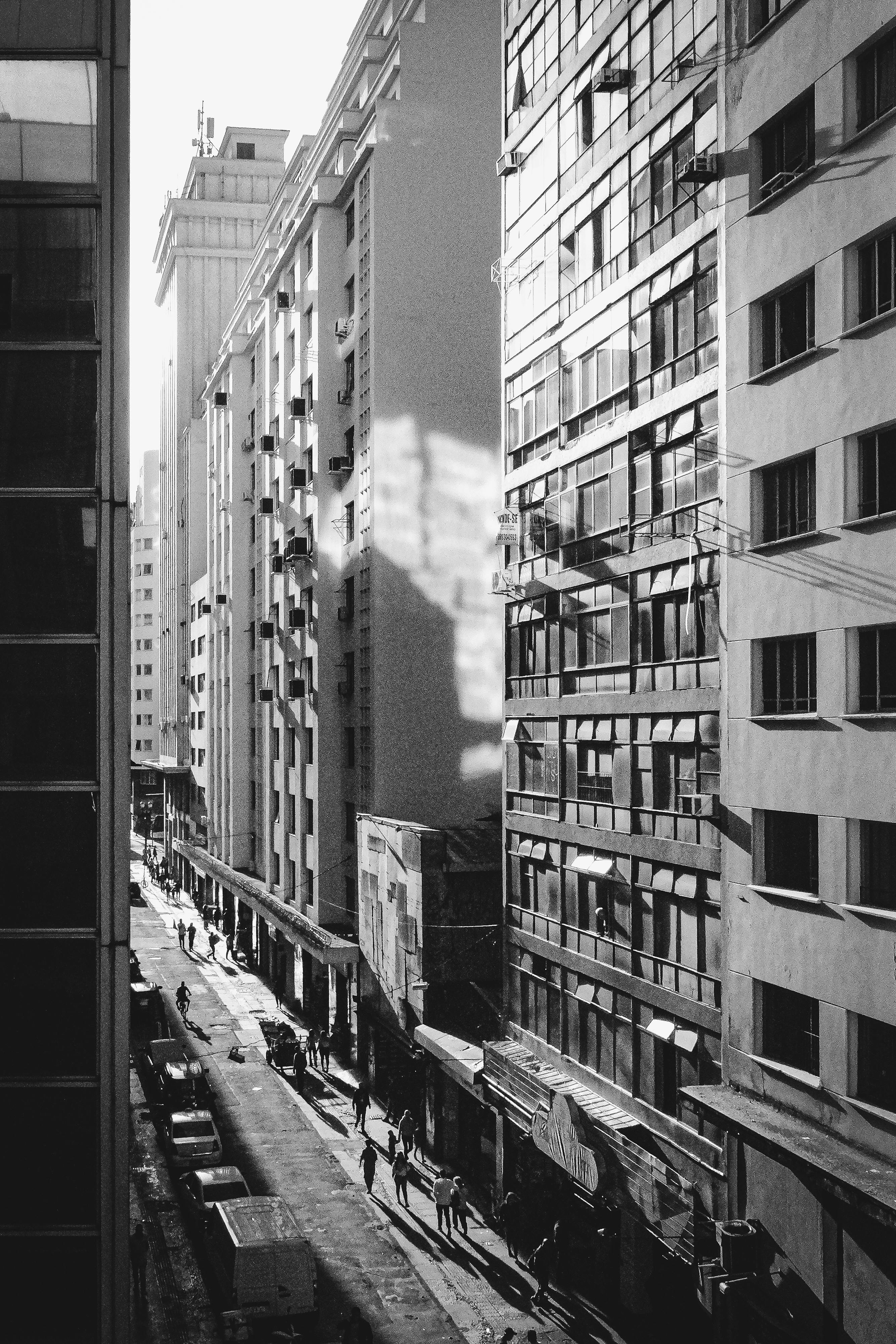 Explore the urban architecture of downtown Sao Paulo in a black and white street view.