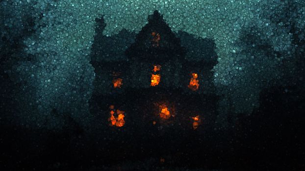 Eerie mosaic of a haunted house illuminated in the night, exuding a spooky atmosphere.