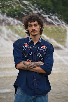 Stylish young man with tattoos posing in front of a fountain in a park in Düsseldorf, showcasing fashion and confidence.