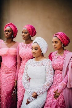 Group of women in beautiful pink and white traditional attire at a wedding celebration.