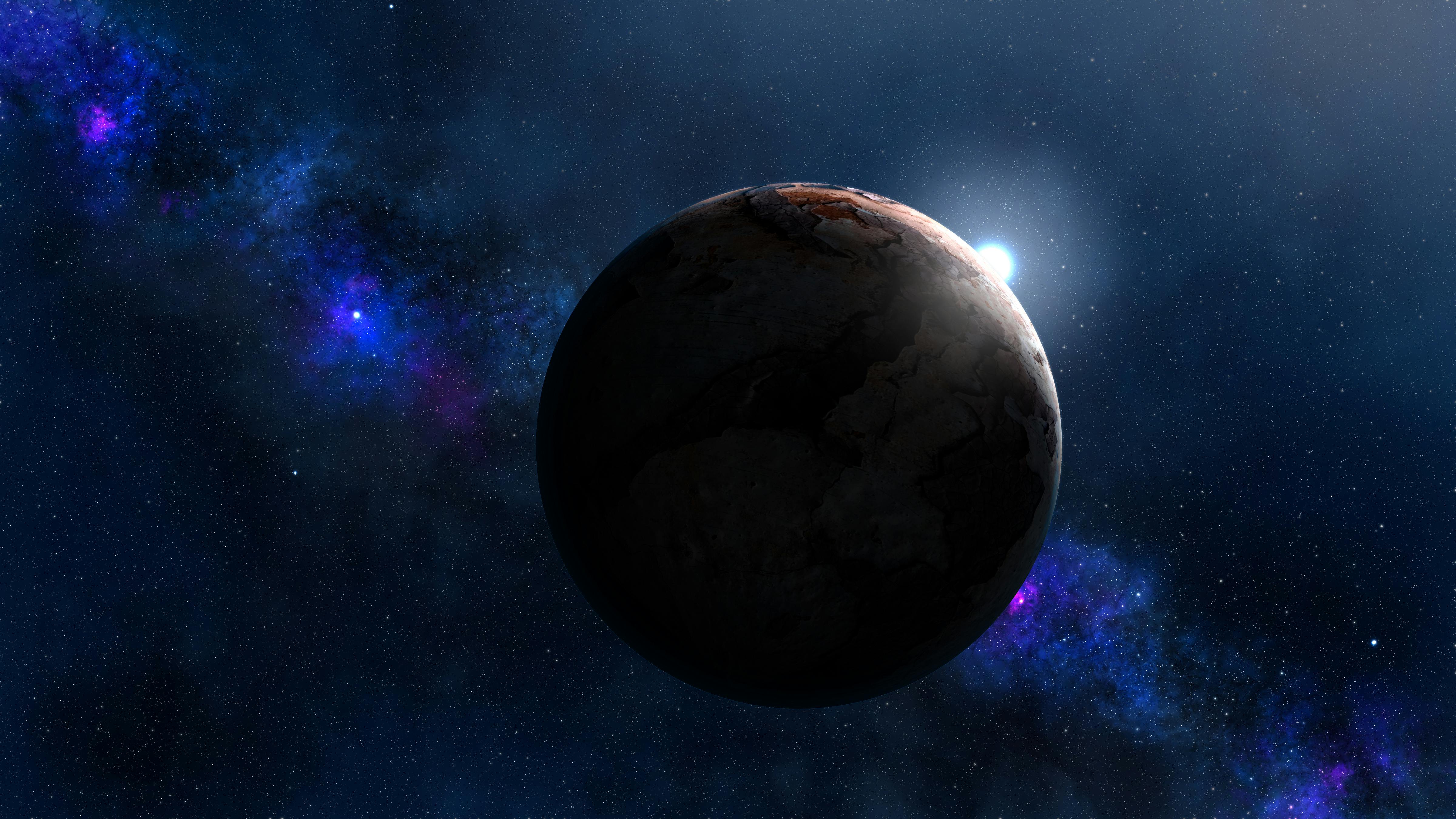 Rocky planet with galaxy background.