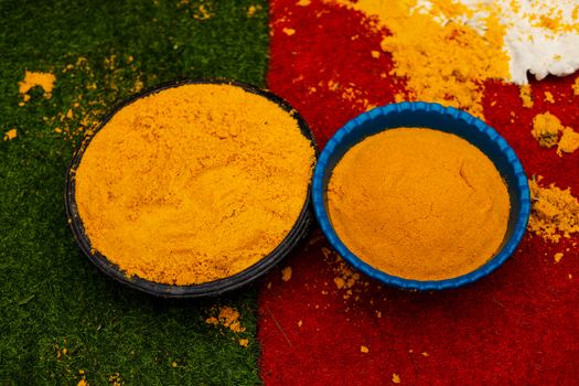 Colorful festival ingredients displayed on grass, showcasing traditional Ghanaian culture.