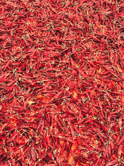 Free A vivid top view of red chili peppers spread out in sunlight, showcasing their rich color and texture. Stock Photo