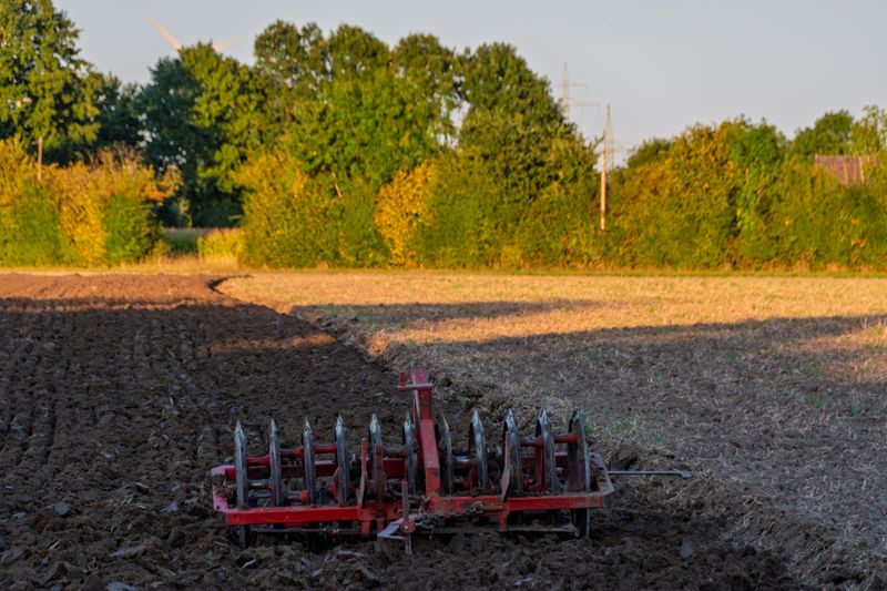 A red disc harrow stands idle in a plowed field