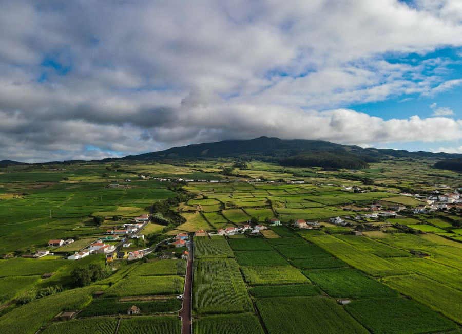 A stunning aerial view of expansive green farmland with scattered buildings under a partly cloudy sky.