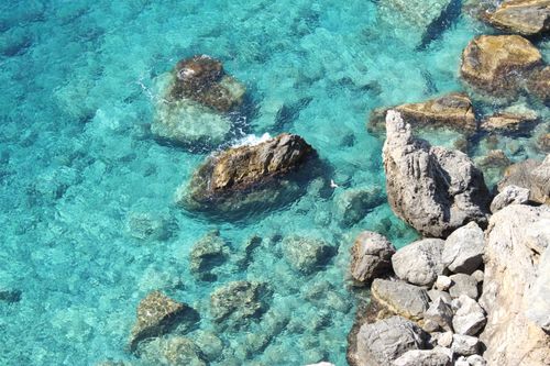 Free Aerial view of turquoise sea water and a rocky shoreline, captured in natural daylight. Stock Photo