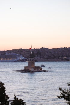 Beautiful view of Maiden's Tower with a twilight backdrop in Istanbul, Turkey.