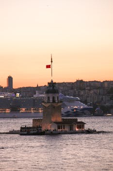 Stunning view of Maiden's Tower at sunset in Istanbul, showcasing the city's vibrant charm.