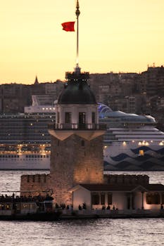 Stunning view of Istanbul's Maiden's Tower at sunset, showcasing its historical charm and vibrant skyline.
