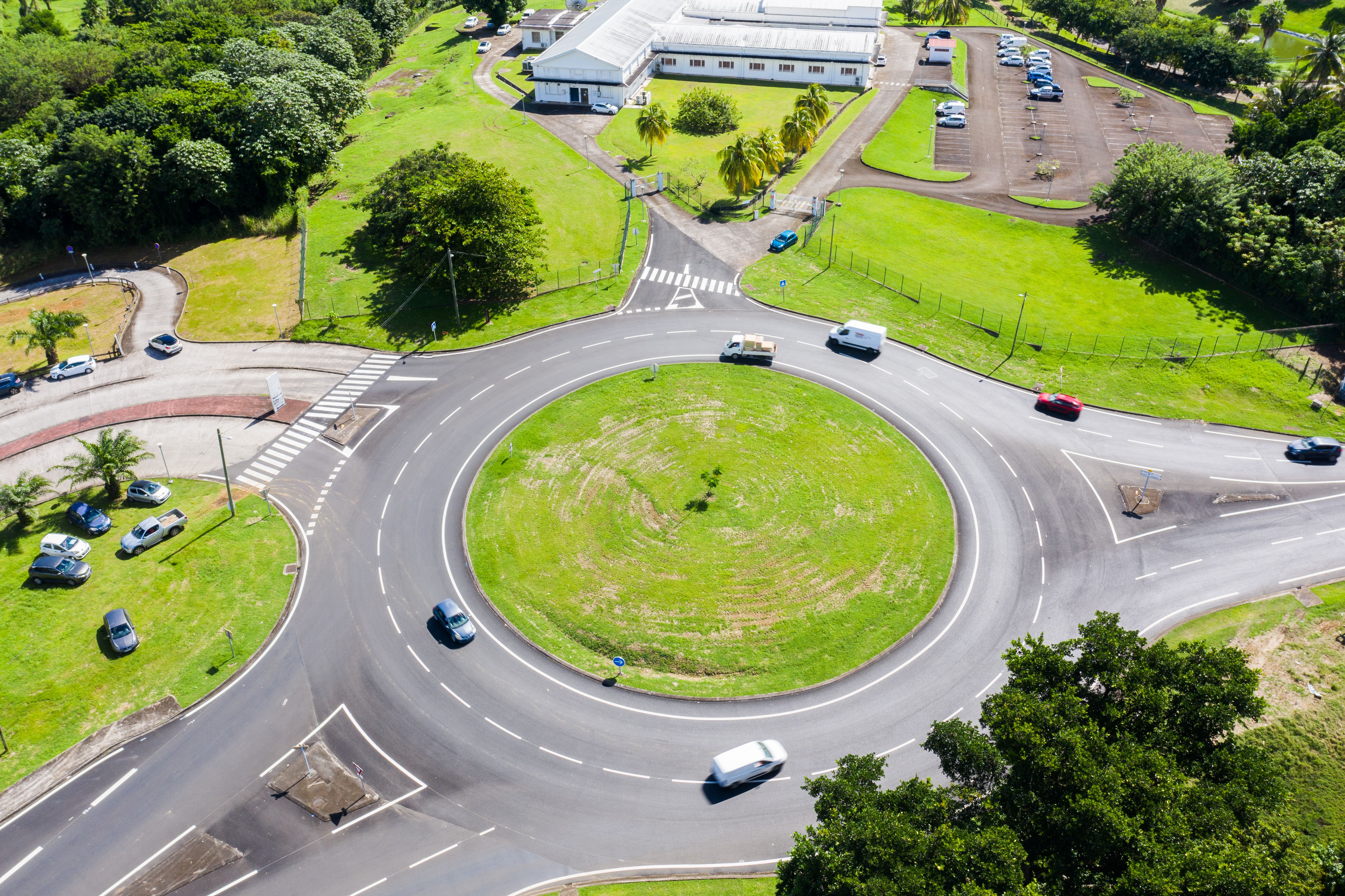 Aerial view of roundabout road markings