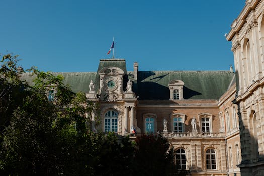A stunning historic French building with ornate architecture under a clear blue sky, showcasing classic European design.