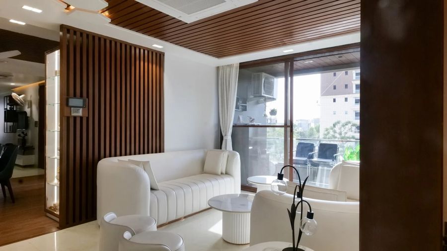 Indian contemporary interior with wooden furniture