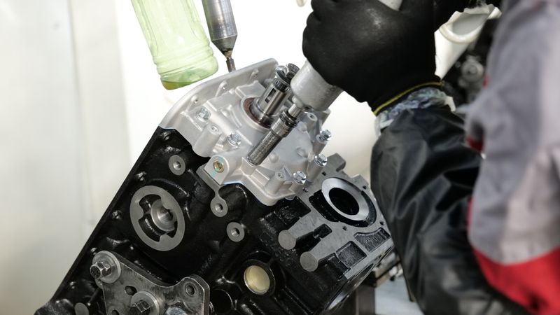 Skilled mechanic working on engine assembly with precision tools in factory setting.
